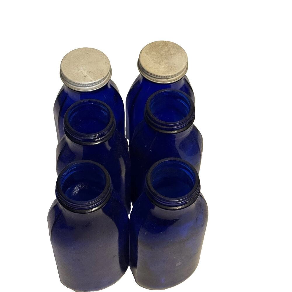 Vintage Lot Of 6 Blue Medicine Bottles Decorative Staging Art Work Flower Vase